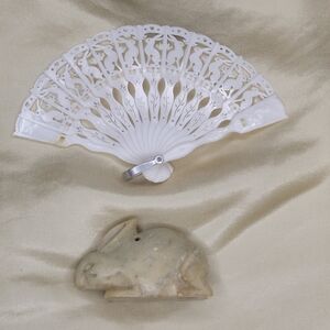 Vintage Asian Carved Soapstone Rabbit Bunny & Tiny Folding Fan Pendants